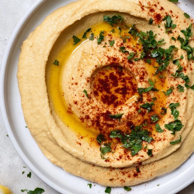 A vibrant hummus plate, showcasing a silky texture, garnished with paprika, and fresh parsley.