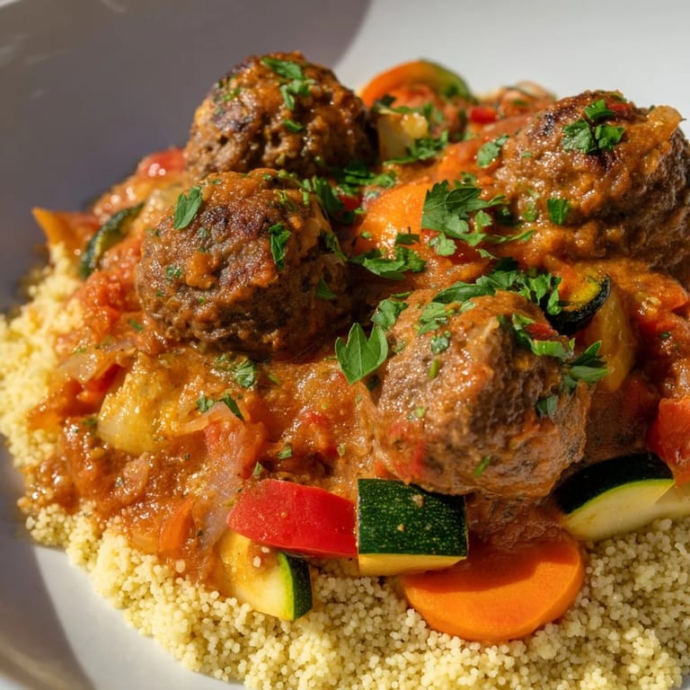 Colorful North African Couscous Kefta with a rich vegetable sauce, perfect for a cozy dinner.