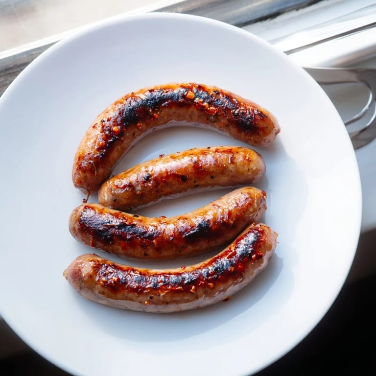 Perfectly browned Tunisian Merguez sausages, served with crusty bread, ideal for a delicious meal.