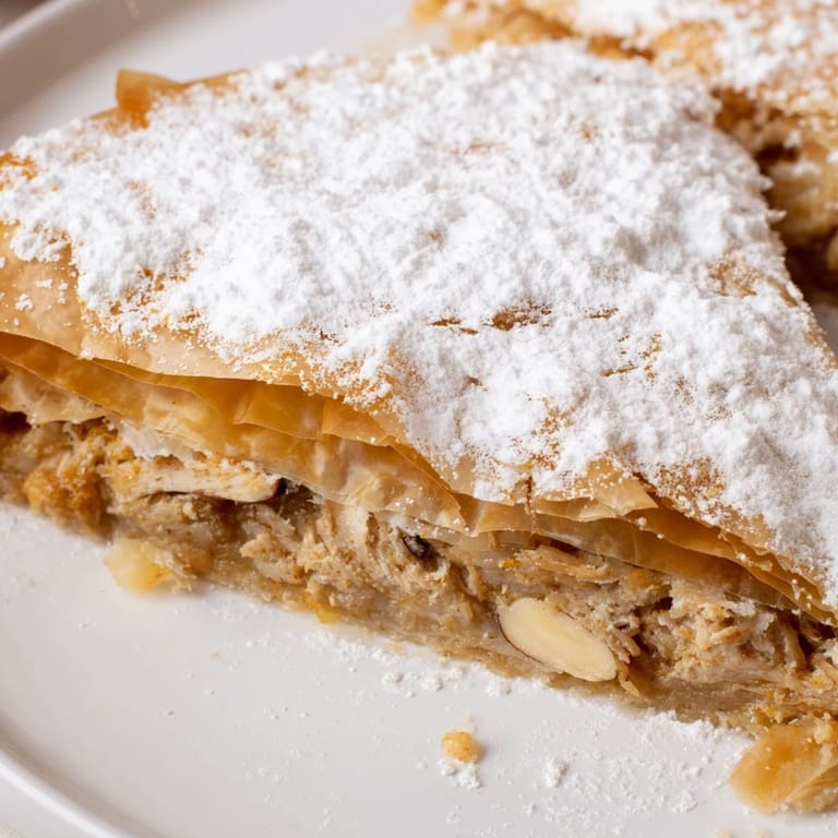 Close-up of a beautiful Moroccan Pastilla Pie, dusted with cinnamon and sugar, ready to be sliced.