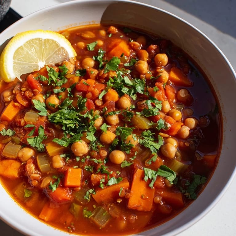 Garnished with fresh herbs, this flavorful North African Harira Soup offers a comforting, aromatic experience.