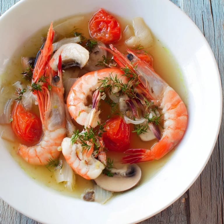 Vibrant image of Spicy Tom Yum Soup showcasing plump shrimp in a flavorful broth with extra lime.
