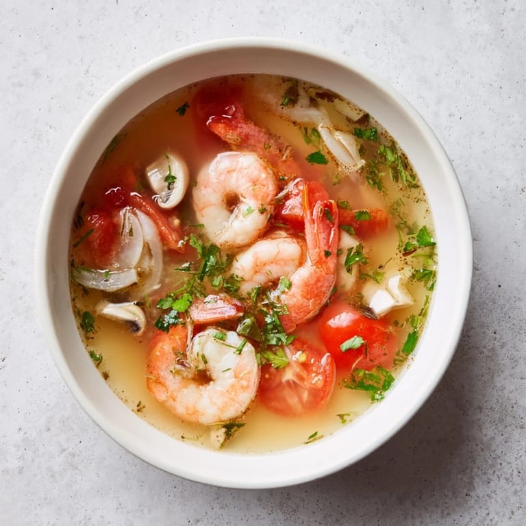 Close-up of the delicious Spicy Tom Yum Soup, a hot, tangy Thai delight with rich aromas.