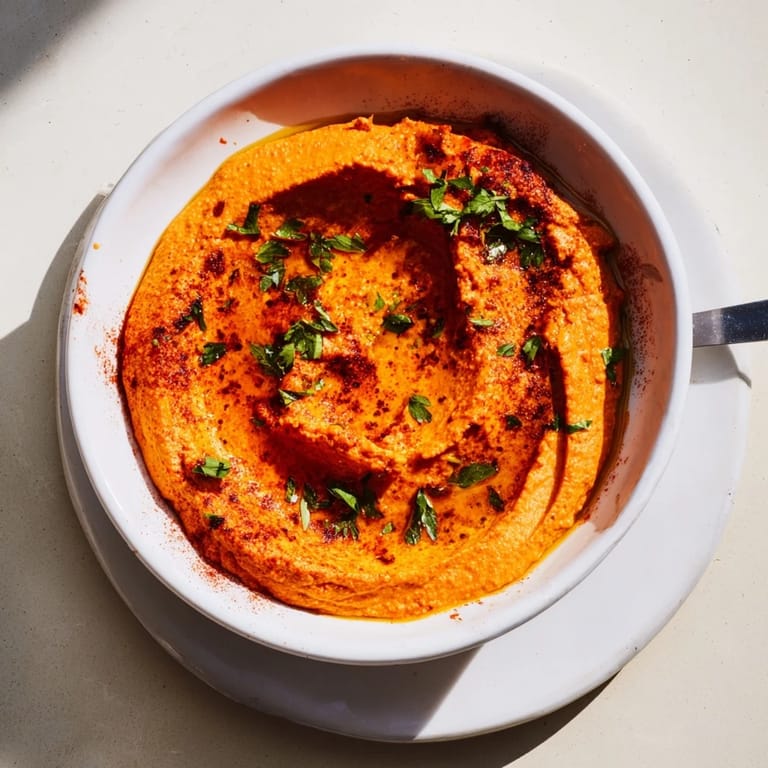 Homemade roasted red pepper hummus spread on a toast point, garnished with chopped parsley and a swirl of olive oil.