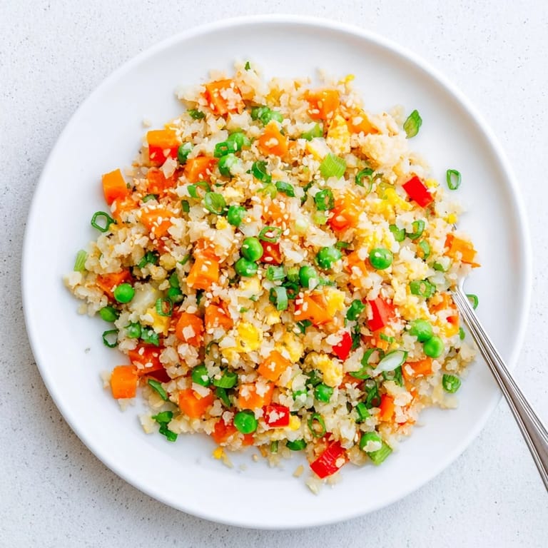 Hot Cauliflower Fried Rice sizzles in a wok, garnished with green onions and a drizzle of toasted sesame oil.