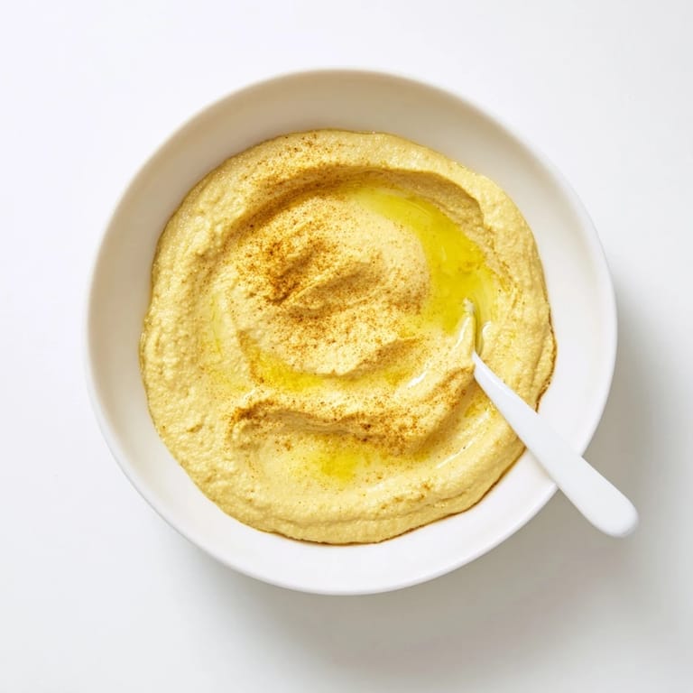 A rustic food processor bowl shows freshly blended chickpea curry paste with vibrant turmeric hue.