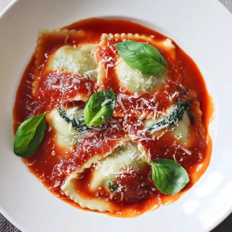 Warm, cheesy Spinach Ricotta Ravioli served in marinara sauce, with golden edges and a sprinkle of fresh basil leaves.