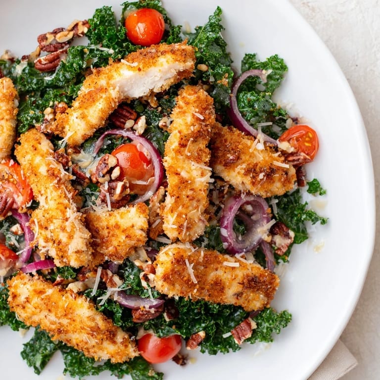 In this appetizing Crispy Chicken Kale Salad, crispy chicken sits on kale and cherry tomatoes, ready to be tossed with a sweet and savory dressing.