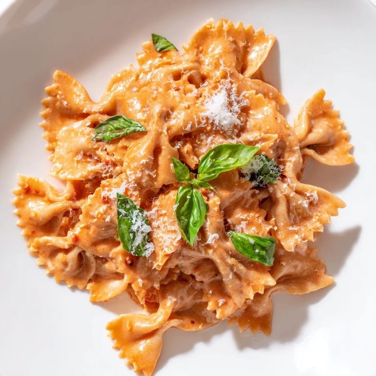 Close-up of al dente farfalle pasta coated in silky tomato cream sauce, served in a white bowl ready for a family meal.