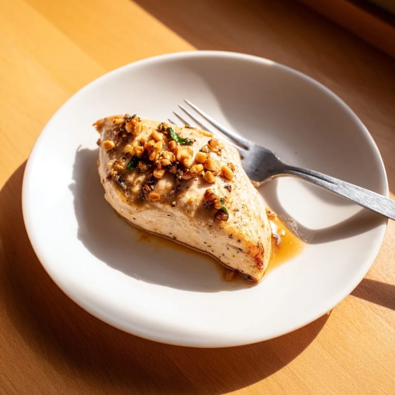 A close-up of juicy Honey Dijon Chicken Skillet garnished with parsley, served alongside fluffy white rice on a rustic plate.