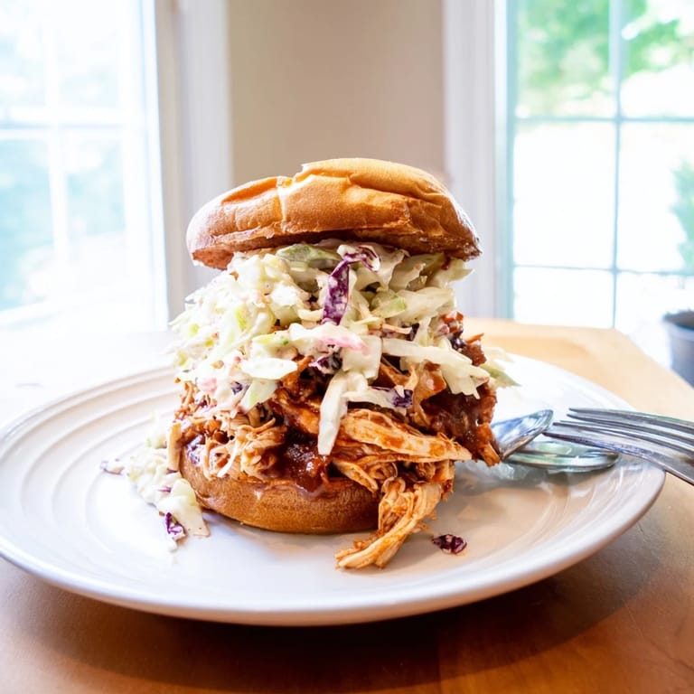 Warm, saucy pulled chicken sandwich with tangy slaw on a soft, golden brioche bun.