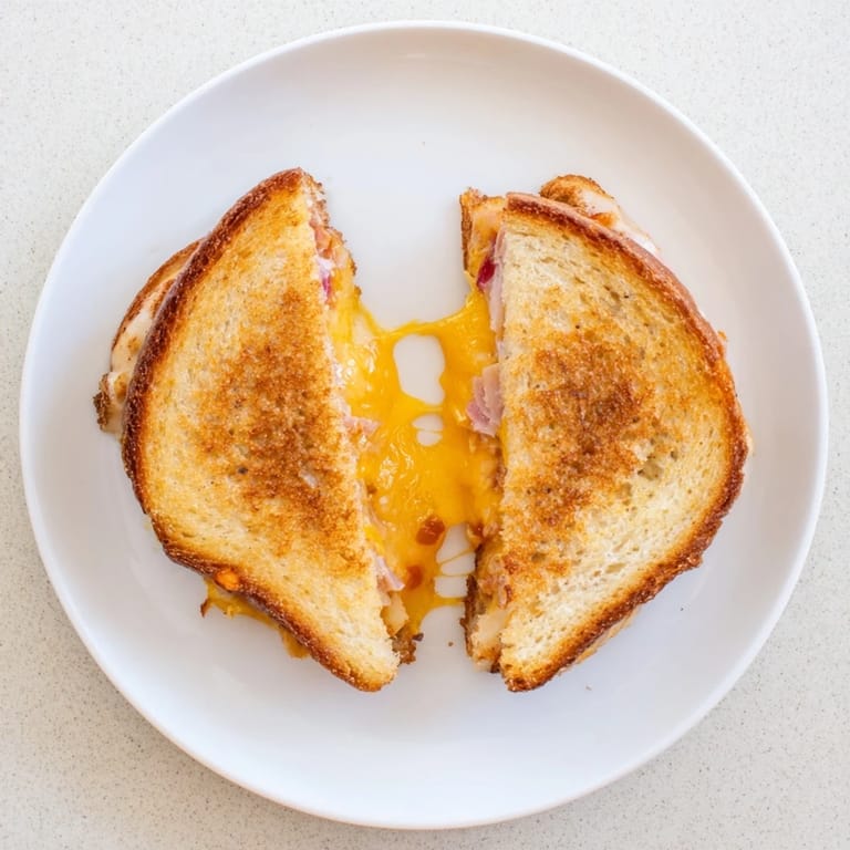 Smoked Turkey Grilled Cheese cut diagonally, revealing layers of savory smoked turkey and melted sharp cheddar inside the toasted sandwich.