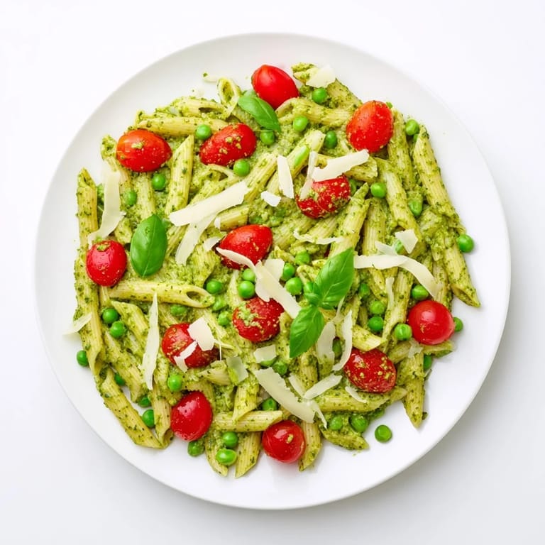 Close-up of Green Pesto Pasta Salad showing creamy basil pesto coating every noodle, topped with grated Parmesan and a drizzle of olive oil.  