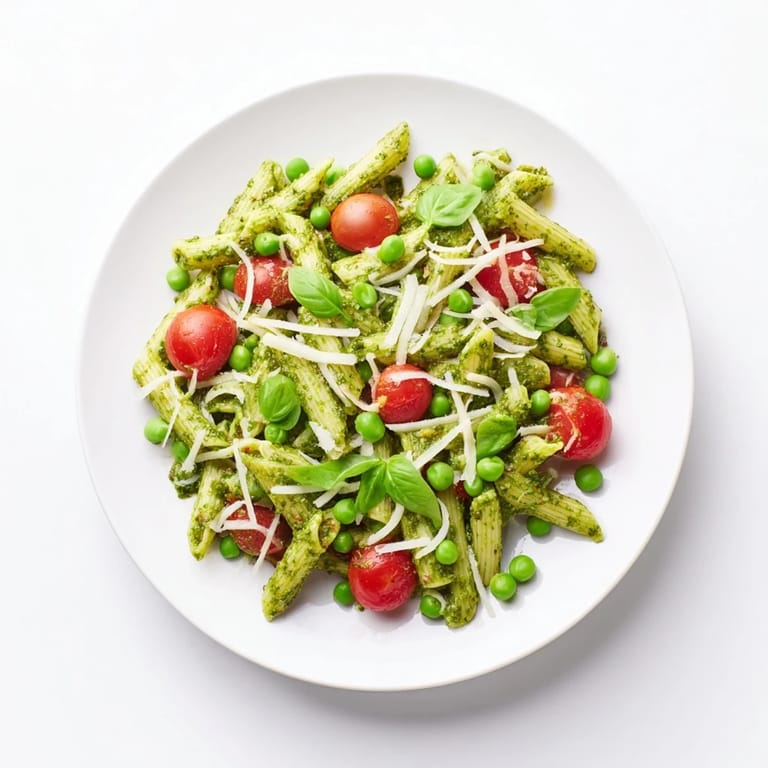 Green Pesto Pasta Salad served in a white bowl, a refreshing Italian-inspired dish perfect for summer picnics or light lunches.