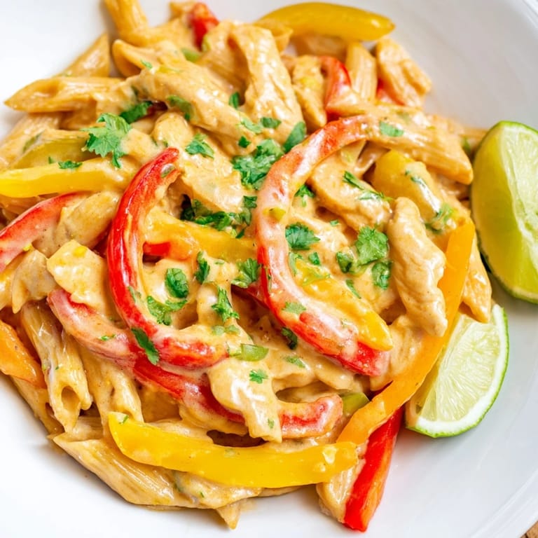 A hearty Fajita Chicken Pasta Skillet garnished with fresh cilantro and lime wedges for a zesty finish.