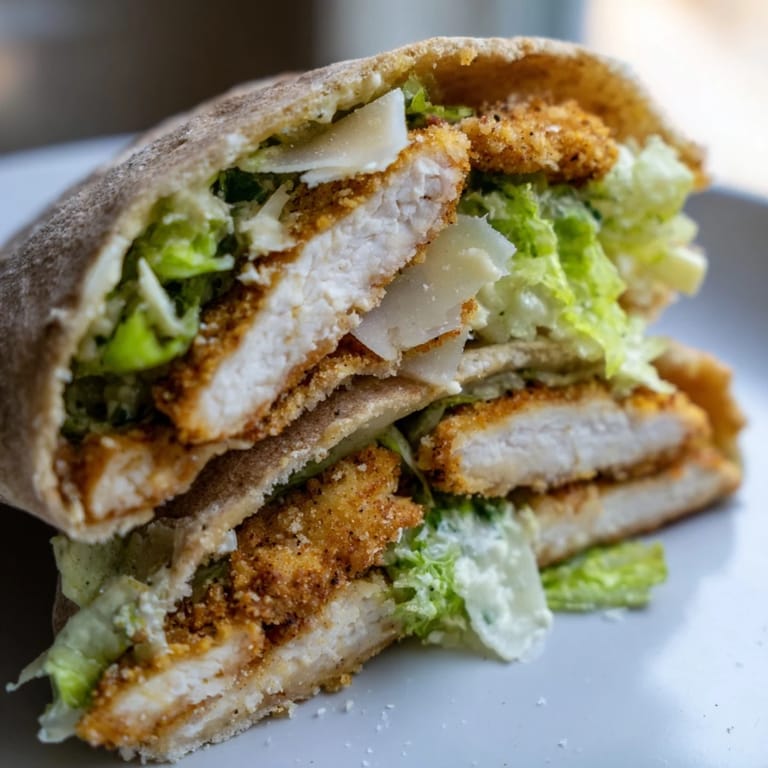 Warm pita pockets hold tender chicken and creamy Caesar dressing for a satisfying bite.