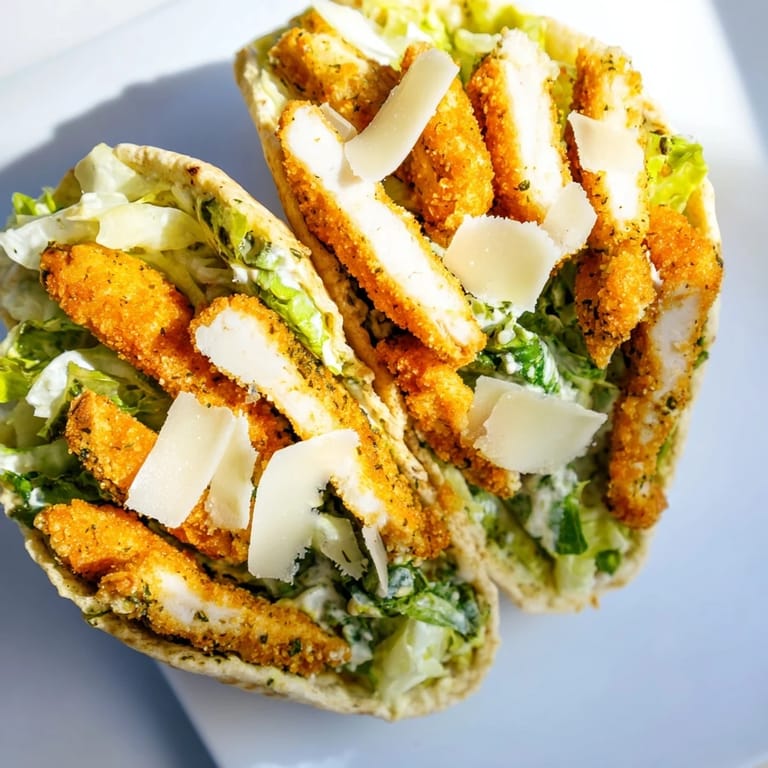 Golden herbed chicken slices layered with fresh Caesar salad inside fluffy pita pockets.