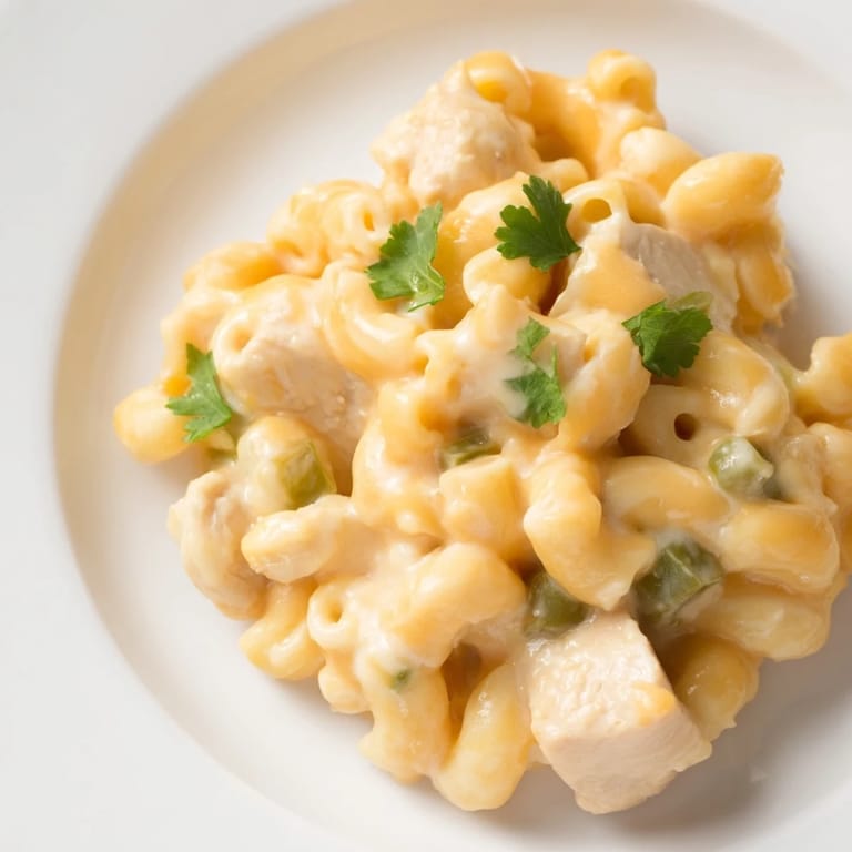 Ceramic dish of Green Chili Chicken Mac topped with fresh cilantro and jalapeño slices, a comforting Southwestern-style pasta meal.