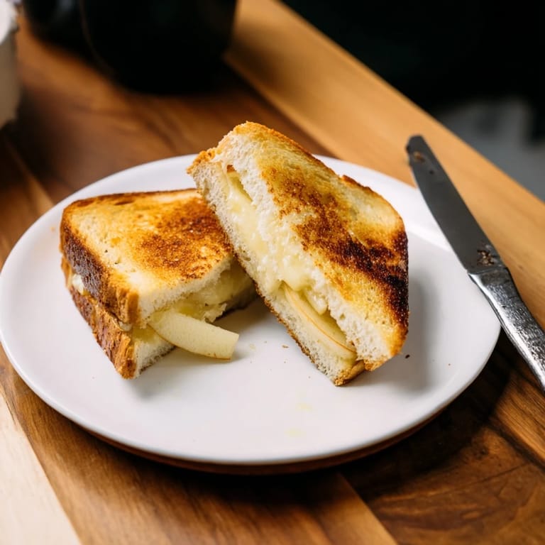 Close-up of the Smoked Gouda & Apple Grilled Cheese, showing melted cheese oozing between buttery, golden crusts.  
