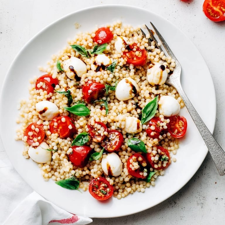 Overhead shot of Caprese Couscous Salad tossed in olive oil, with tender pearled couscous, halved tomatoes, and a glossy balsamic drizzle.