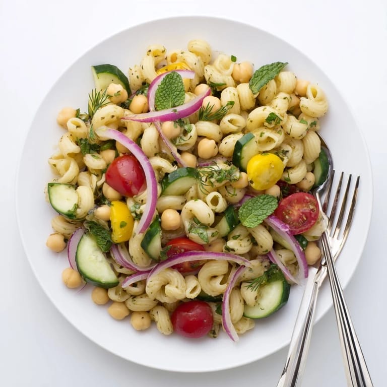 Cool, refreshing Lemon Herb Chickpea Pasta Salad served in a white bowl, garnished with feta and olives.