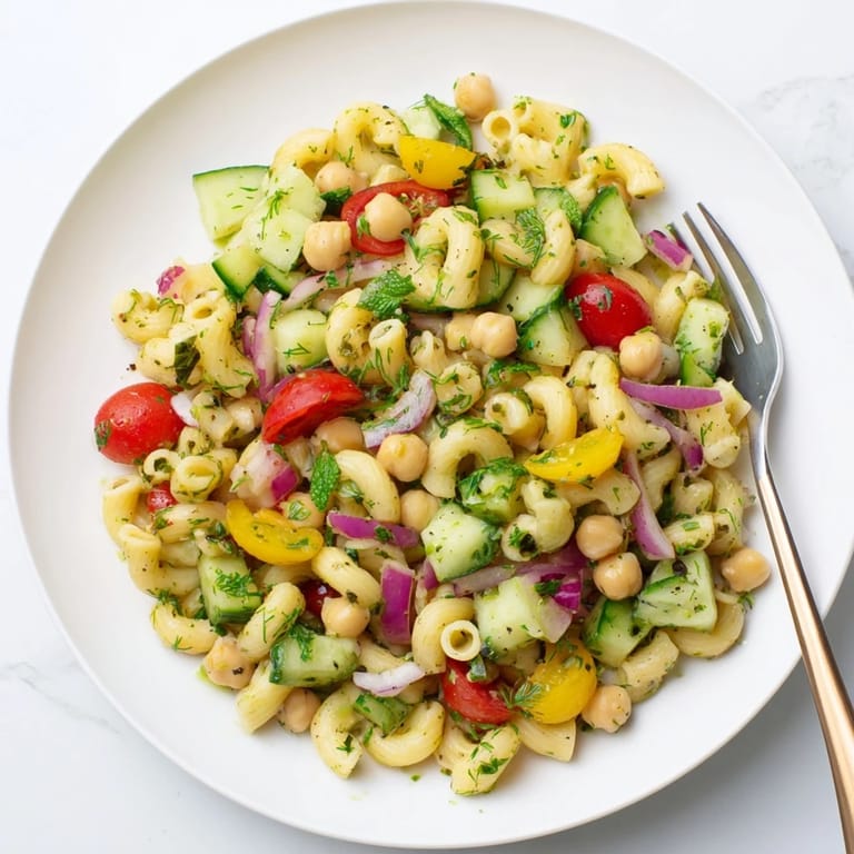 A vibrant Mediterranean-inspired pasta salad with chickpea noodles, fresh herbs, and a tangy lemon vinaigrette.