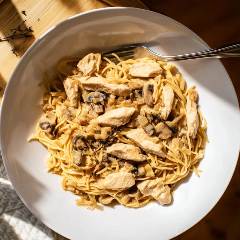 Savory Creamy Mushroom Chicken Spaghettini plated with fresh parsley garnish, served as a light yet comforting Italian-inspired main dish.