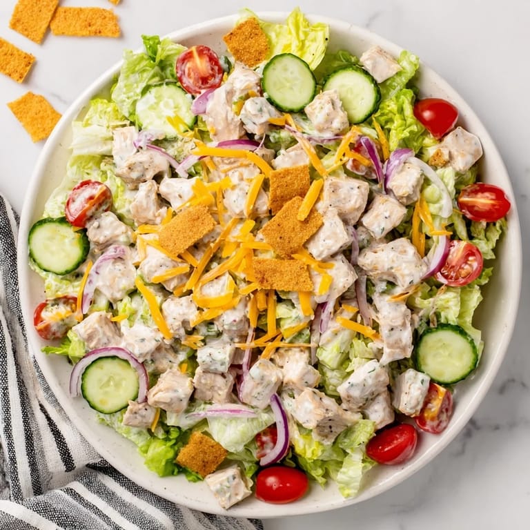 A vibrant Jalapeño Ranch Chicken Salad featuring spicy-savory flavors, shredded cheese, and crunchy tortilla strips on a fresh bed of greens.  