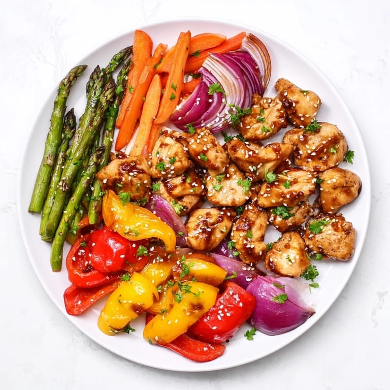 A close-up of bite-sized chicken and crisp spring veggies from this Sheet Pan Honey Garlic Chicken, garnished with fresh parsley and sesame seeds.