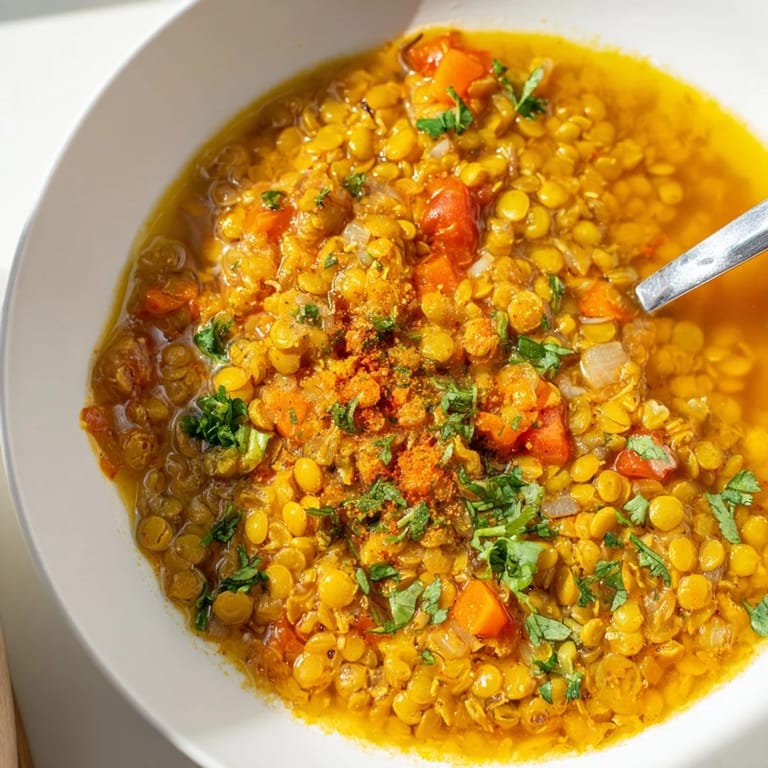 Healthy vegan Mung Bean Soup in a white bowl, garnished with cilantro and lemon.