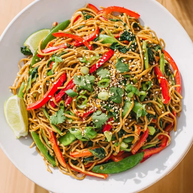 Colorful Kelp Noodle Stir-Fry served in a white bowl, topped with toasted sesame seeds and fresh cilantro, ready to eat.  