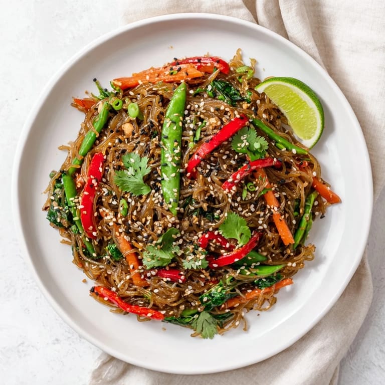 Freshly cooked Kelp Noodle Stir-Fry featuring crunchy kelp noodles and wilted spinach, garnished with lime wedges for a zesty finish.