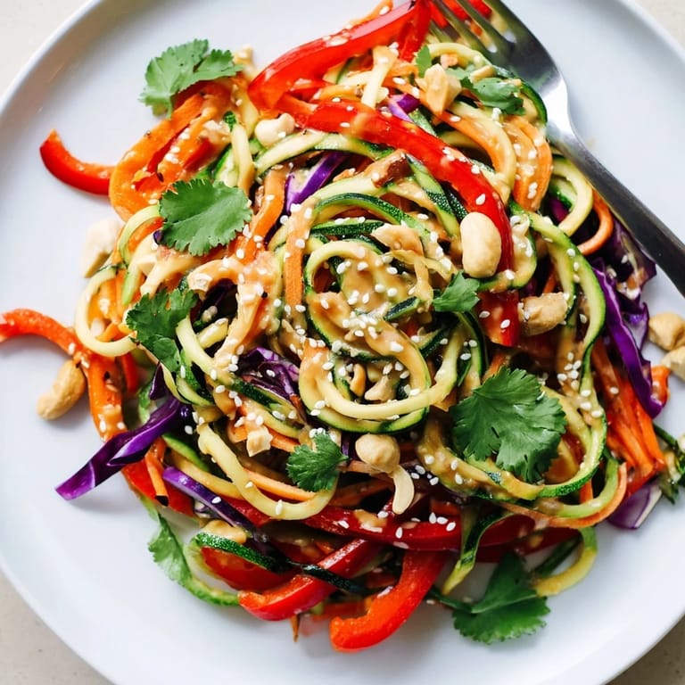A vibrant Raw Vegetable Noodle Salad with crunchy red cabbage, cucumber, and bell pepper, served as a light, gluten-free lunch or side dish.