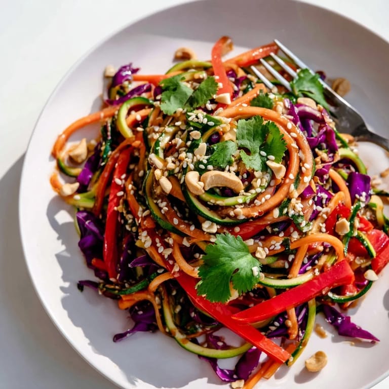 Colorful spiralized veggies, fresh cilantro, and peanuts make this Asian-inspired Raw Vegetable Noodle Salad a crisp, flavorful meal ready in minutes.