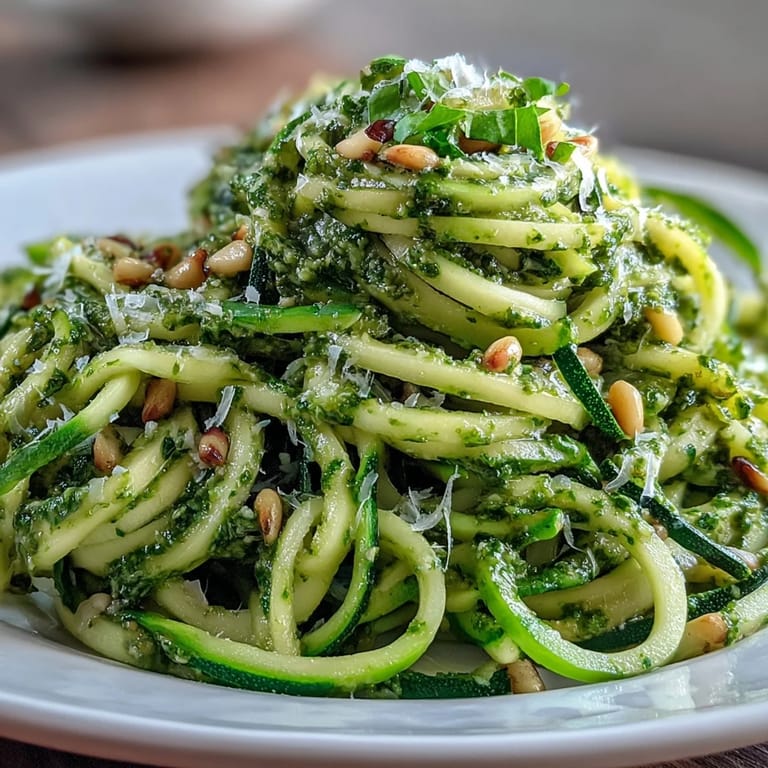 Freshly made pesto tossed with tender zucchini noodles, a delicious low-carb option.