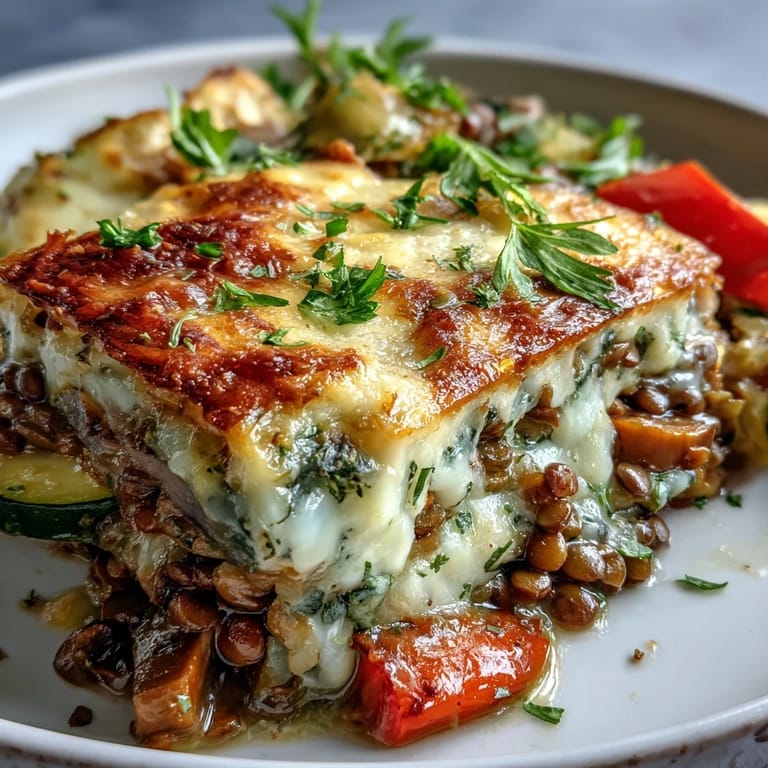 Golden topped green lentil and vegetable casserole, perfect for a cozy meal.