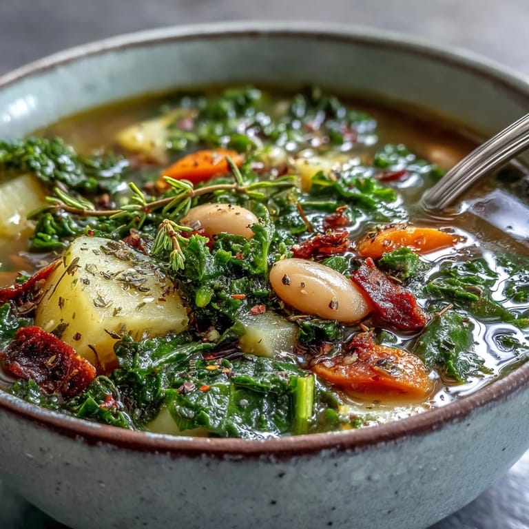 A hearty pot of Kale Soup simmers with root vegetables, garlic, and spices, ready to ladle into bowls.