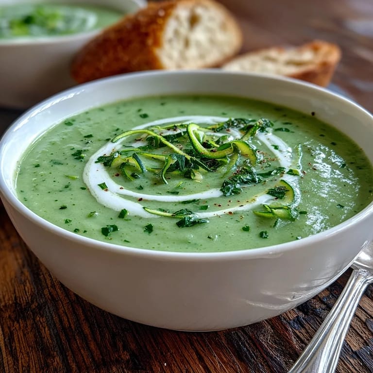 Silky smooth Zucchini Soup in a rustic bowl, with chopped herbs and a drizzle of golden olive oil.