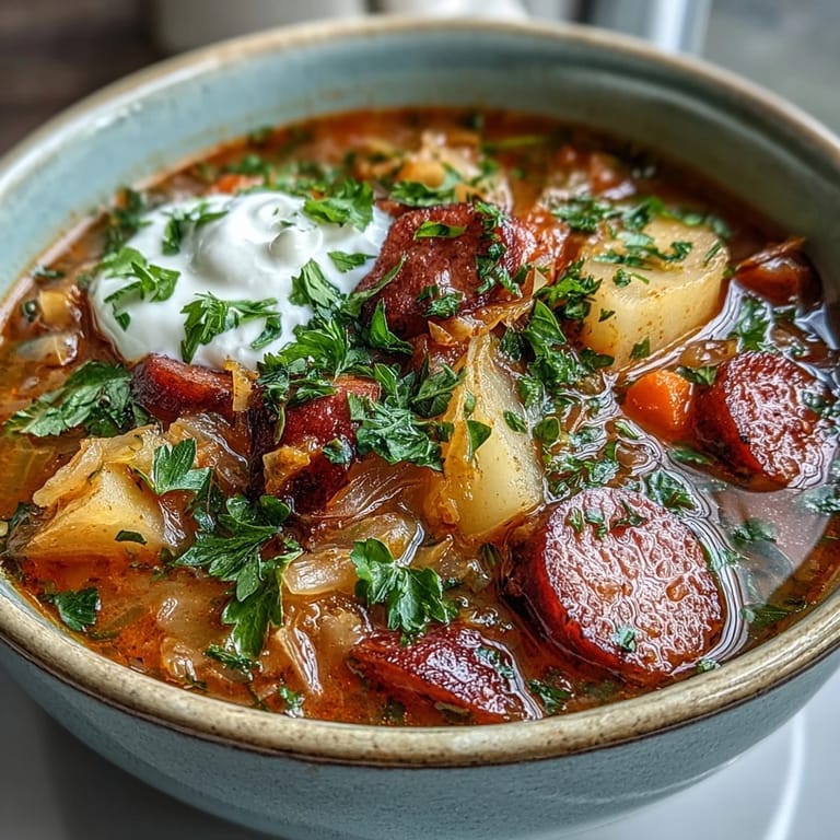 Comforting Sauerkraut Soup topped with fresh herbs and creamy sour cream, ready to eat.