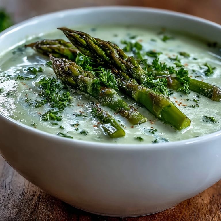 Bright spring Asparagus Soup garnished with fresh herbs in a white bowl, ready to serve.