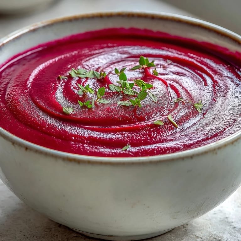 A bowl of earthy Roasted Beet Soup served hot, topped with goat cheese crumbles alongside crusty artisan bread.