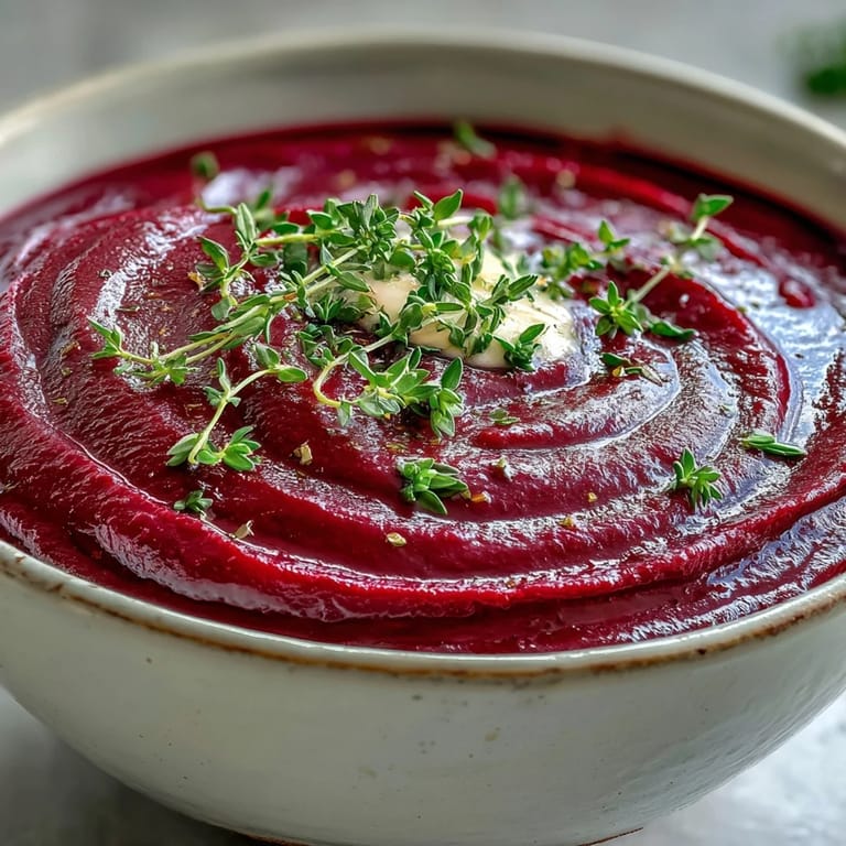 Deep magenta Roasted Beet Soup puréed smooth, with roasted beet chunks and carrots visible, steaming in a rustic bowl.