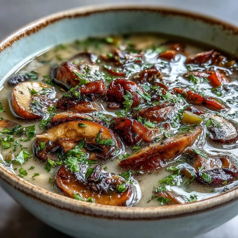 Earthy mushroom soup simmering in a pot, featuring sautéed mushrooms, carrots, and celery for a savory vegetarian dinner.