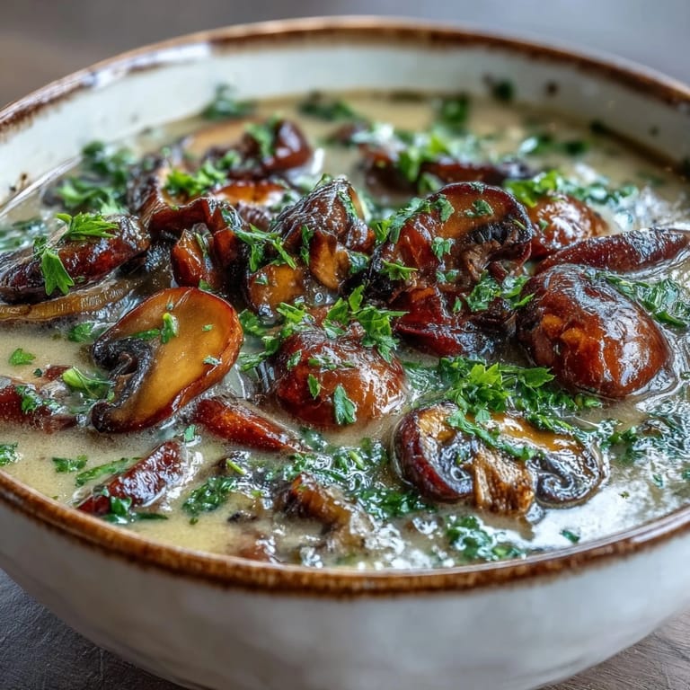 Steaming bowl of homemade creamy mushroom soup with a swirl of cream, paired with crusty bread on the side.