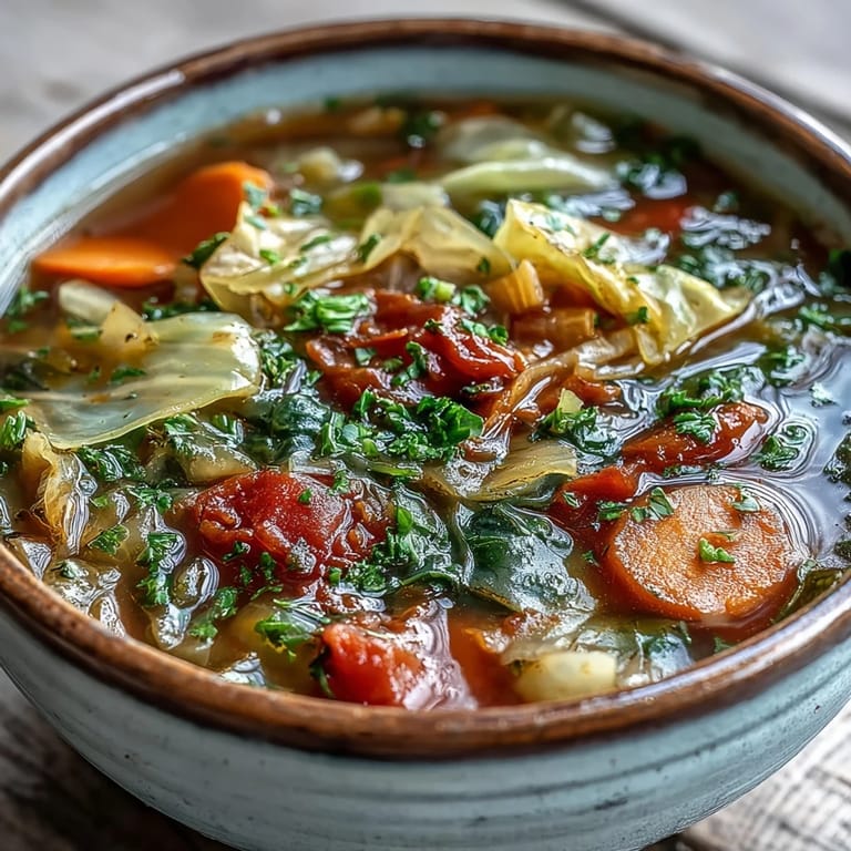 Healthy vegan Cabbage Soup simmering in a large pot, filled with vibrant bell peppers and diced tomatoes for a low-calorie meal prep.