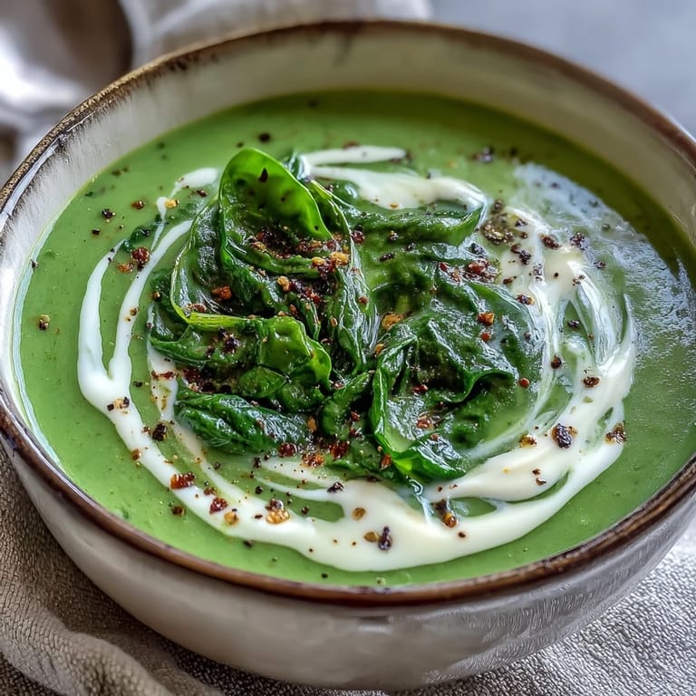 A ladle pouring hot spinach soup into a rustic ceramic bowl next to crusty bread and a napkin.