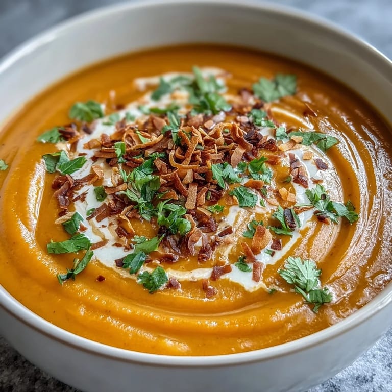 Golden carrot and coconut soup in a white bowl, topped with fresh herbs and chili flakes beside a slice of crusty bread.