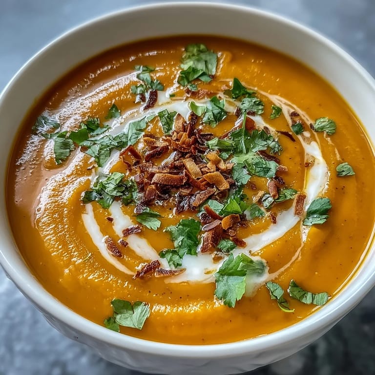 Close-up of vibrant orange carrot and coconut soup with a swirl of coconut milk and a lime wedge on the side.