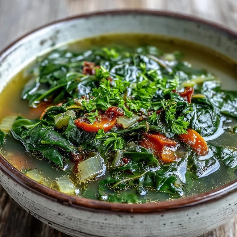 Fresh ingredients for Swiss Chard Soup including a bunch of Swiss chard, garlic cloves, and vegetable broth.