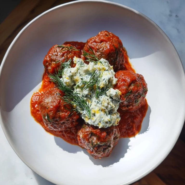 Close-up of savory Instant Pot Greek Meatballs, swimming in sauce, ready to be enjoyed with feta.